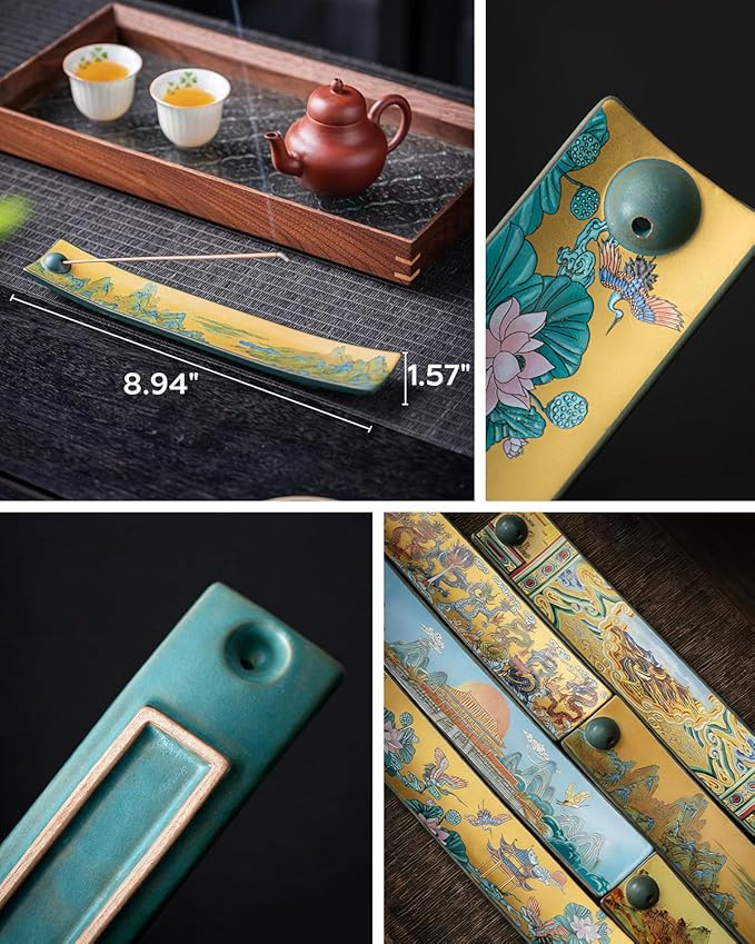 Chinese Incense Stick Holder with Ash Catcher - Ceramic Incense Burner with Ancient Painting, for Zen Meditation, Home Decor & Gift