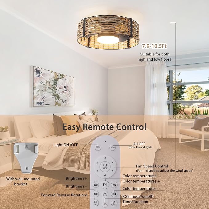 Ganeed 18W LED 20 Inch Dimmable Bamboo Rattan Fandelier, Boho Caged Ceiling Fan with Light and Remote, 6 Speed/Reversible Motor/RGB LED Small Ceiling Fan for Bedroom Living Room Kitchen Nursery