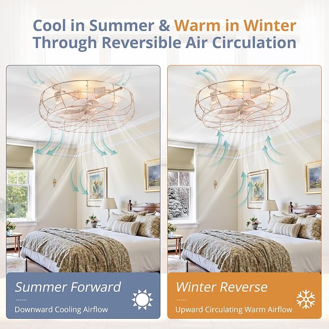 LEDIARY 23" Large Caged Ceiling Fans with Lights, White Flush Mount Low Profile Ceiling Fan with Remote, Modern Farmhouse Industrial Ceiling Fan with Light for Bedroom, Kitchen, Dining Room, Indoor