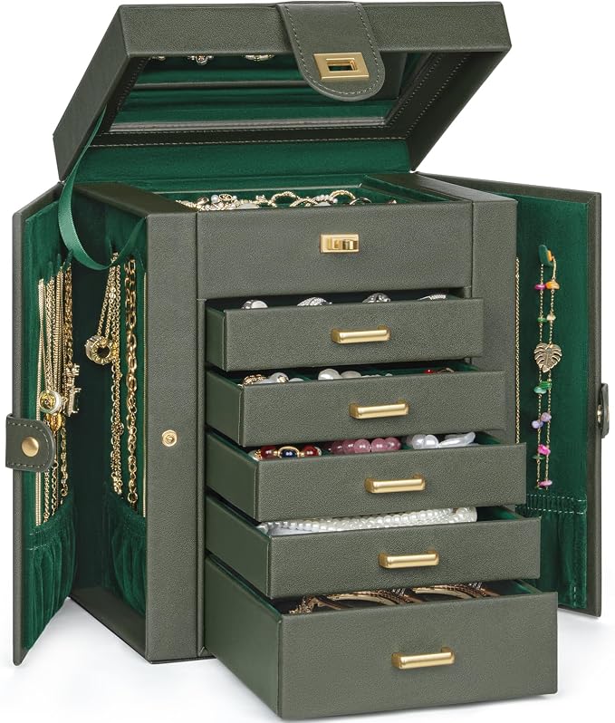 AKOZLIN 6-Tier Jewelry Box Organizer Functional 5 Drawers Leather Jewelry Storage Case for Women Girls Ring Necklace Earring Bracelet Holder Organizer with Mirror DrakGreen Regular