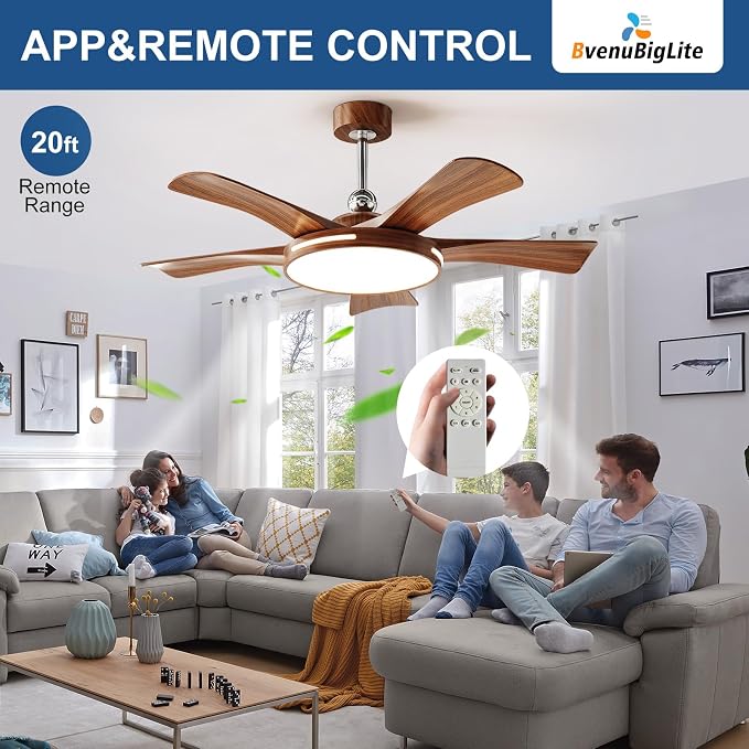 Ceiling Fans with Lights and Remote: 46-Inch Ceiling Fan 5 Blades Round Low Profile Outdoor - Walnut Ceiling Fans with Remote Control Chrome Rod Quiet Reversible DC Motor for Living Room