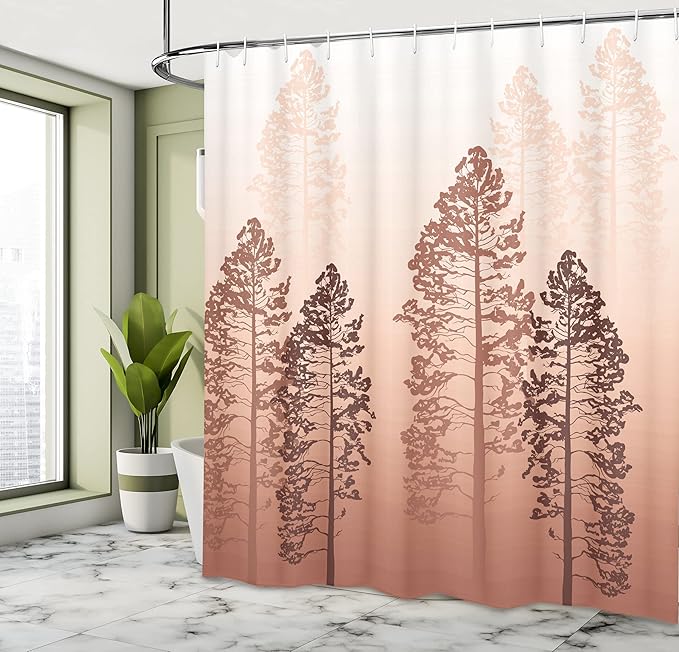 Ambesonne Country Shower Curtain, Pine Trees in The Forest on Foggy Seem Ombre Backdrop Wildlife Adventure Artwork, Cloth Fabric Bathroom Decor Set with Hooks, 69" W x 75" L, Dark Salmon