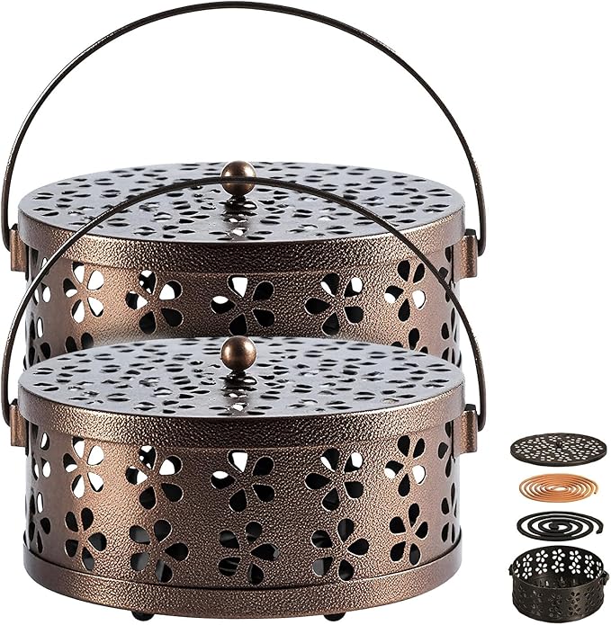 （2Pack,Bronze） Retro Portable Iron Mosquito Coil Holder with Handle Round Fireproof Incense Holder for Home Office.