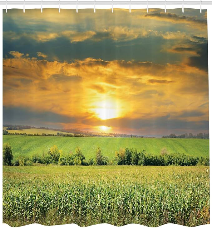 Ambesonne Rustic Shower Curtain, Corn Field and Sunrise Summer Sky Natural Paradise Pasture Mourning View Picture, Cloth Fabric Bathroom Decor Set with Hooks, 69" W x 70" L, Blue Green