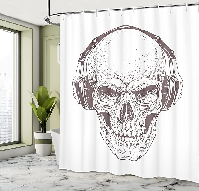 Ambesonne Skull Shower Curtain, Digital Dot Work Style Punk Skull with Headphones Hippie Dead Bones Graphic Print, Cloth Fabric Bathroom Decor Set with Hooks, 69" W x 70" L, Brown White
