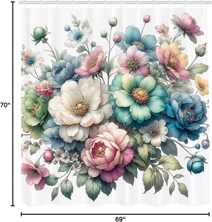 Ambesonne Floral Shower Curtain, Whimsical Cottagecore Colorful Peony Flowers Arrange on Plain Backdrop, Cloth Fabric Bathroom Decor Set with Hooks, 69" W x 70" L, Coconut Teal Multicolor