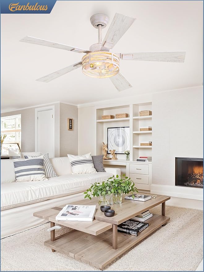 Farmhouse Ceiling Fans with Light, 48 Inch Bedroom Ceiling Fan with Lights, 6-Speed Adjustable, Quiet and Reversible DC Motor, 5 Dual Finish Blades, Rustic Caged Ceiling Fan，White and Gold Color