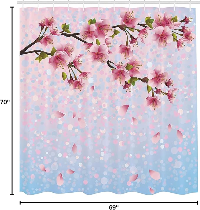Ambesonne Nature Shower Curtain, Sakura Twig Blossom Leaves on Background of Colorful Flying Petals Flourish, Cloth Fabric Bathroom Decor Set with Hooks, 69" W x 70" L, Pink Blue Green