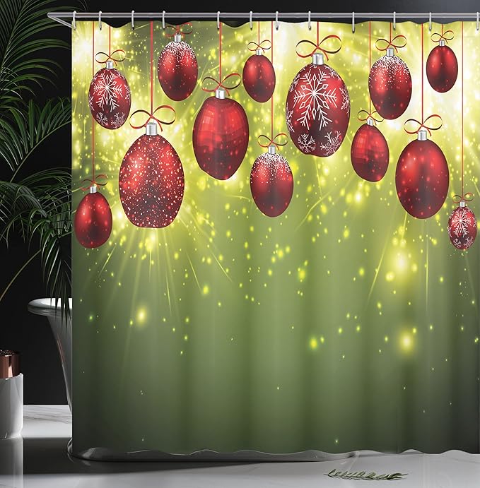 Ambesonne Christmas Shower Curtain, Vibrant Colored New Year Design Psychedelic Digital Effects and Baubles Print, Cloth Fabric Bathroom Decor Set with Hooks, 69" W x 75" L, Green Red