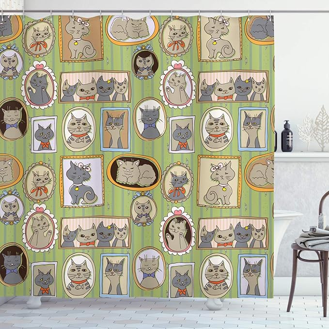 Ambesonne Cat Lover Shower Curtain, Framed Pictures of Cats on The Wall Memories Moments, Cloth Fabric Bathroom Decor Set with Hooks, 69" W x 70" L, Green Amber
