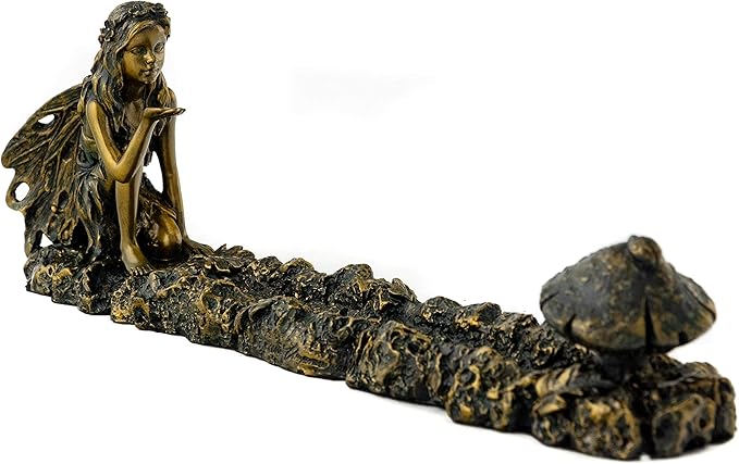 Top Collection Fairy and Mushroom Incense Holder-Hand Painted Mythical Creature with Bronze Finish Look - 10-Inch Collectible Figurine