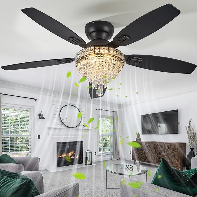 Crystal Ceiling Fan Fandelier with Lights-Ceiling Fans,50" Low Profile and Remote Control, Flush Mount, Reversible, Dimmable, Noiseless, Black Ceiling Fan for Bedroom