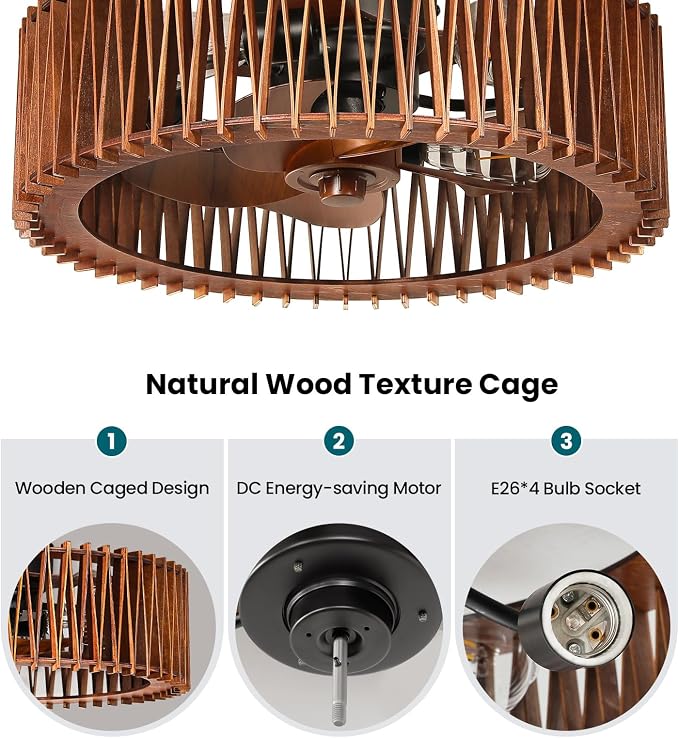 20" Flush Mount Ceiling Fan with Light, Wooden Caged Low Profile Fandelier with Remote, 6-Speed Reversible Bladeless Fan, Farmhouse Ceiling Fan for Bedroom, Kitchen, Living Room