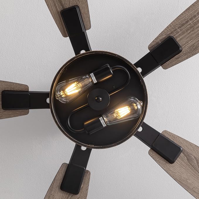 52 Inch Flush Mount Ceiling Fans with Lights and Remote Control, Low Profile Farmhouse Ceiling Fan for Bedroom Living Room and Patio, Black Caged Ceiling Fan for Indoor and Outdoor（No Bulb）