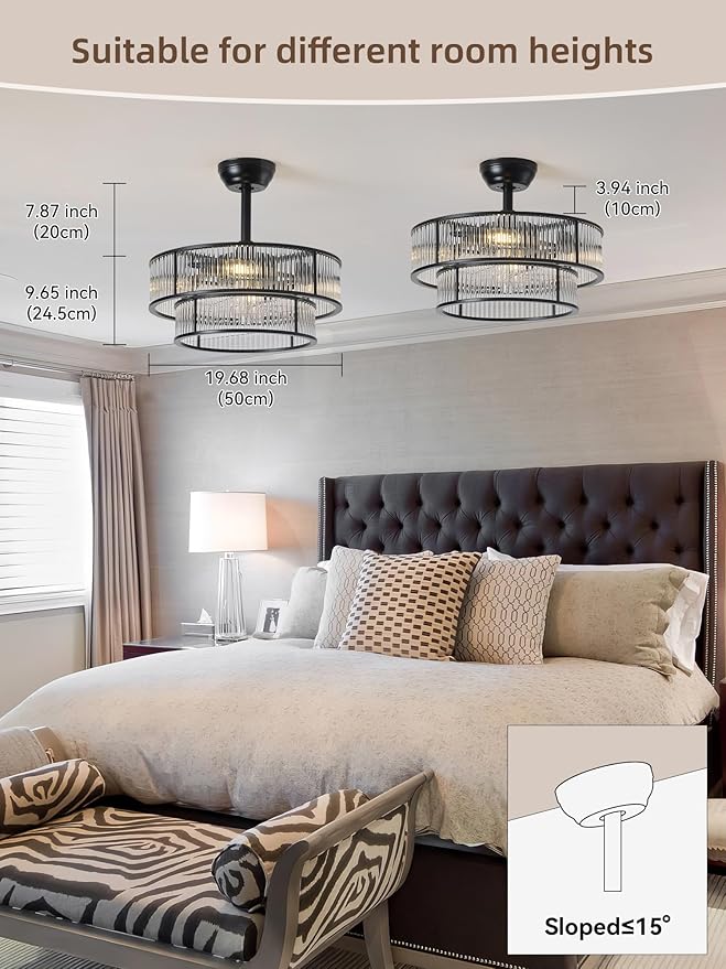 Black Fandelier Ceiling Fans with Lights, 20" Black Crystal Chandelier Ceiling Fan with Light Remote Control, Caged Mid Century with 6 Speeds for Bedroom, Living Room, Nursery