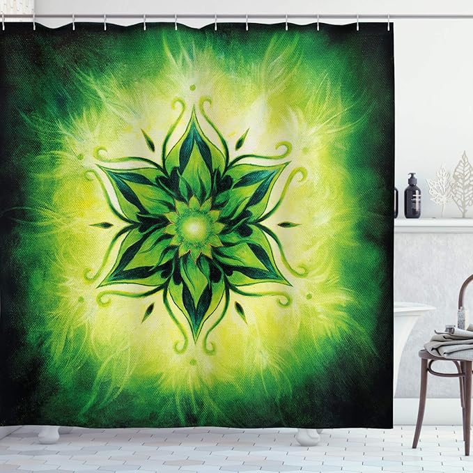 Ambesonne Lotus Shower Curtain, Psychedelic Floral Mandala Digital Image, Cloth Fabric Bathroom Decor Set with Hooks, 69" W x 75" L, Emerald Lime Green