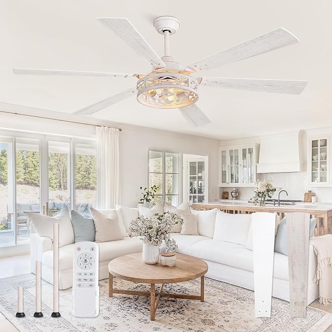 Fanbulous 65 Inch Ceiling Fan with Lights, Farmhouse Caged Ceiling Fans with Remote, White Industrial Ceiling Fans with Quiet Reversible DC Motor, Large Ceiling Fan for Living Room, Bedroom