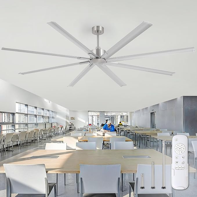 ZMISHIBO 96 Inch Ceiling Fans No Light, Large Industrial Ceiling Fan with 8 Aluminium Blades, Quiet DC Motor, 6 Speeds, Modern Ceiling Fan without Light for Garage/shop/living room,Nickel