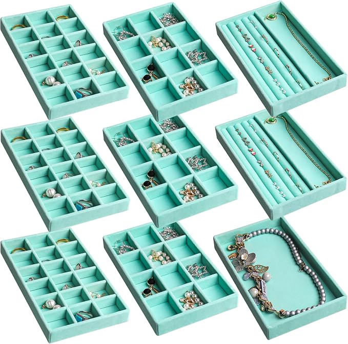 Frebeauty Jewelry Trays for Drawer,Set of 9 Jewelry Organizer and Storage | Velvet Material,Earring Holder Organizer,Stackable Jewelry Display for Vanity,Drawer Inserts for Rings,Studs,8.3×4.9 inch