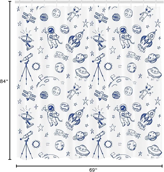 Ambesonne Sketchy Shower Curtain, Original Outer Space Featured Celestial Planetary Solar System Properties Graphic, Cloth Fabric Bathroom Decor Set with Hooks, 69" W x 84" L, White Azure