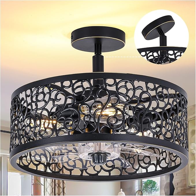 COCOSTAR Farmhouse Chandelier Ceiling Fans with Light:Caged Black Fandelier | Semi Flush Mount,Remote/APP,Sloped Ceiling,15" Rustic Fan with Small Light Fixtures for Living Dining Kitchen Bedroom Foyer