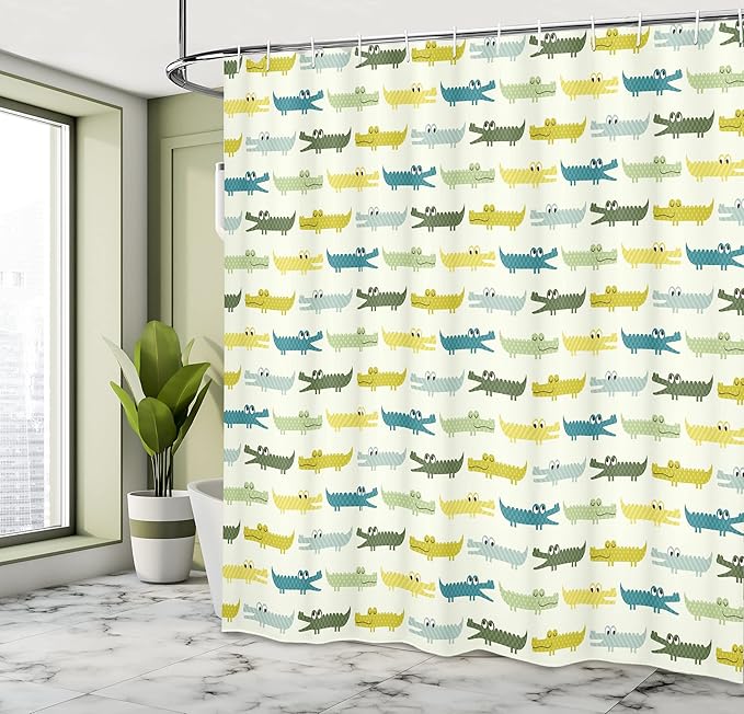 Ambesonne Animal Shower Curtain, Crocodile Characters in Cartoon Style Funny Faces Animal Alligators, Cloth Fabric Bathroom Decor Set with Hooks, 69" W x 70" L, Yellow Green Teal