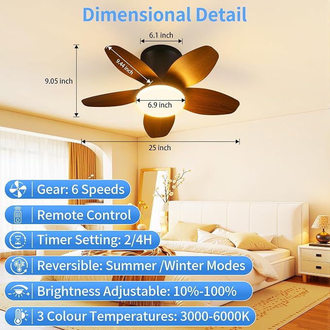 25" Small Ceiling Fans with Lights & Remote,Flush Mount Reversible 6 Speeds | 5 Blades, Adjustable Color Temperature, Dimmable, Timer, Low Noise for Bedroom, Kitchen, Study, Laundry Room, Brown