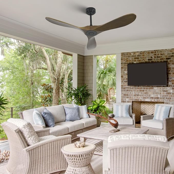 Smart Ceiling Fan no Light, 52 Inch Outdoor Ceiling Fan Without Light, Compatible with Alexa/Google/App, 3 Solid Wood Blades, Modern Wood Fan for Patio, Bedroom, Living Room,Bronze