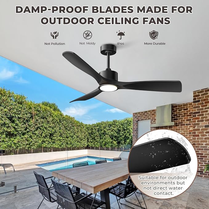 Ceiling Fans with Lights, Ceiling Fans with Lights and Remote Control, 52 inch Black Modern Smart Ceiling Fan with Light, Outdoor Ceiling Fans for Patios 3 Blade Bedroom Living Room（Black）