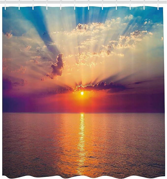 Ambesonne Ocean Shower Curtain, Majestic Sunrise in Tranquil Sea Horizon Dawn Rays Clouds Water Reflection, Cloth Fabric Bathroom Decor Set with Hooks, 69" W x 84" L, Orange Purple Blue