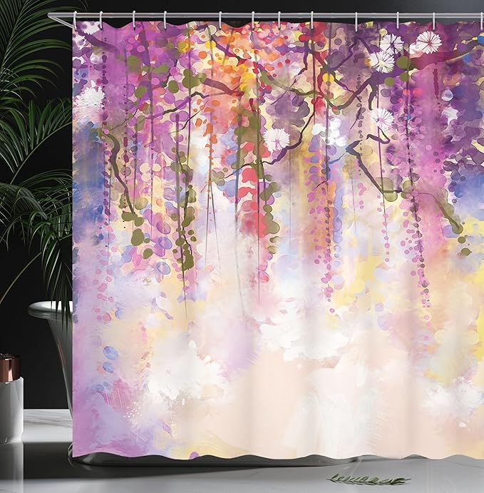 Ambesonne Watercolor Flower Decor Collection, Spring Flowers Wisteria Bokeh Background Painting, Polyester Fabric Bathroom Shower Curtain Set with Hooks, 69" W x 75" L, Peach Purple