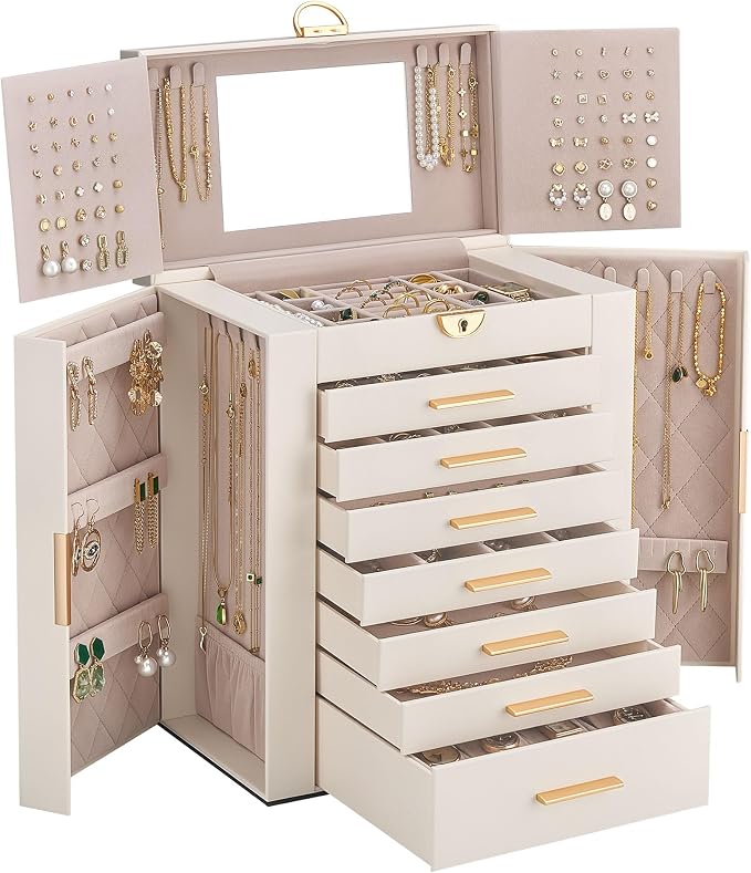 Lolalet Large Jewelry Box Organizer for Women, 8-Layer Jewelry Organizers and Storage Case with Mirror & 7 Drawers, Lockable Watch Ring Earring Bracelet Necklace Holder Girls Gift -8Layer, Beige