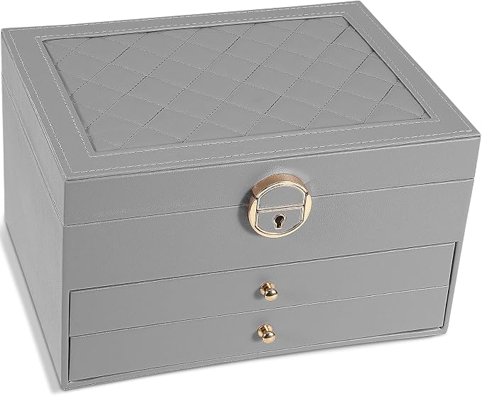 GUOER Jewelry Box for Women Girls, 3 Layers Large Jewelry Organizer (Grey) | Vintage Quilting Stitching PU Leather, Earrings Bracelets Rings Necklace Watches Storage Large Jewellery Holder Case Gifts