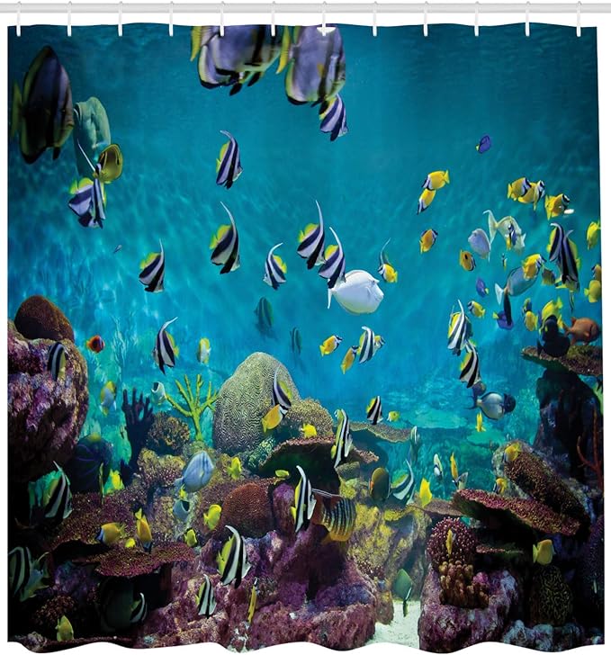Ambesonne Ocean Shower Curtain, Untouched Wild Underwater Aquatic World Corals Exotic Fishes Seascape, Cloth Fabric Bathroom Decor Set with Hooks, 69" W x 70" L, Purple Lilac