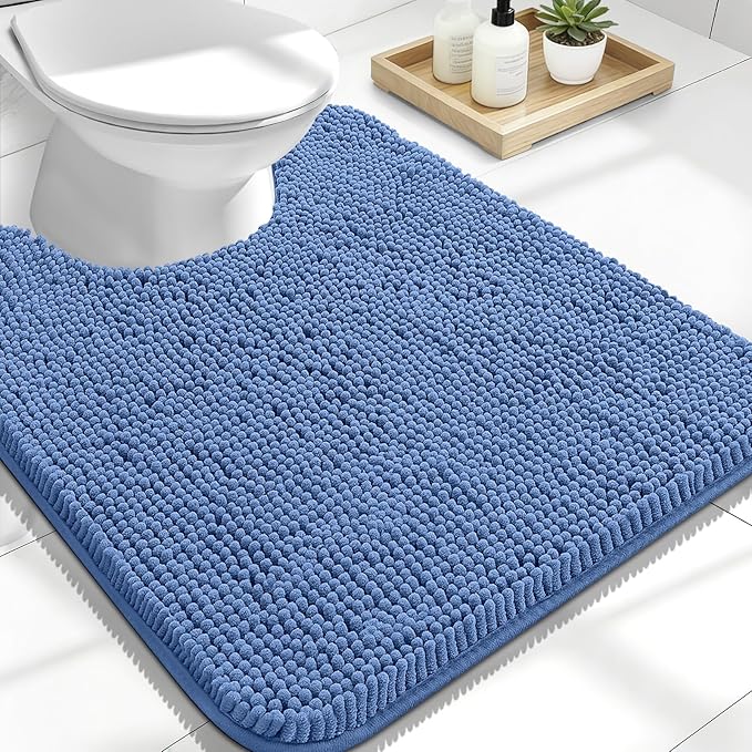 OLANLY Toilet Rugs U-Shaped 24x20, Extra Soft Absorbent Chenille Contour Bathroom Rugs for Toilet, Dry Quickly, Machine Washable, Non-Slip Bath Mat, Cornflower Blue