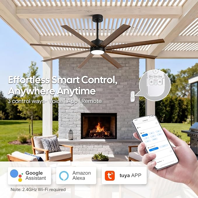 56 Inch Wet Rated Outdoor Smart Ceiling Fan with Light for Patios, Waterproof Ceiling Fan with Alexa/App/Remote Control, 8 Anti-Rust Aluminum Blades, Quiet DC Motor with 7446 CFM Airflow, ETL Listed