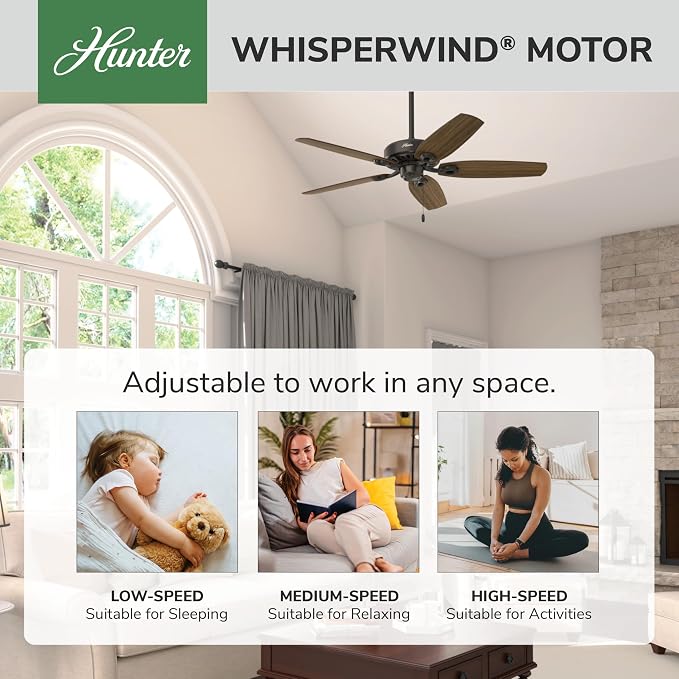 Hunter Builder Elite, Indoor, Ceiling Fan, No Light, 52 inch, New Bronze | Standard Mount, Pull Chain, 5 Blades, For Bedroom, Living Room, Kitchen, 53242