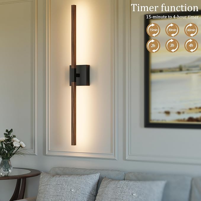 Rayogale Black Walnut Rechargeable Wall Sconce with Remote Control, 24 Inch | 3000/4500/6000K Dimmable 8000mAh Wireless Battery Operated Wall Sconces Set of Two with Timer for Living Room, Bedroom
