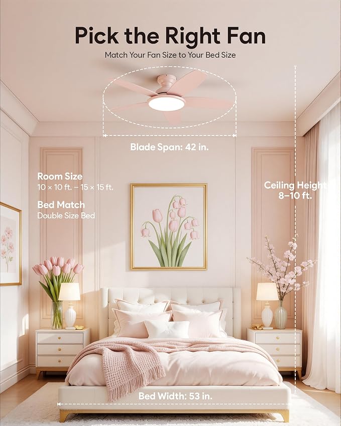 VONLUCE Ceiling Fans with Lights, 42 Inch Ceiling Fan and Remote, Full-Spectrum LED Light, 3CCT, 6-Speeds Noiseless Reversible DC Motor, Modern Ceiling Fan for Bedroom Living Room Farmhouse, Pink