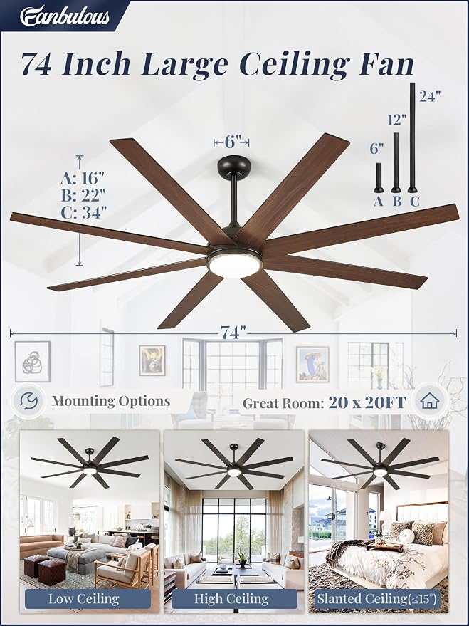 Fanbulous 74 Inch Ceiling Fans with Lights and Remote, Black Indoor/Outdoor Ceiling Fan with Quiet Reversible DC Motor, 6 Speeds, 3CCT, 8 Blades Large Ceiling Fan for Living Room Bedroom Patio