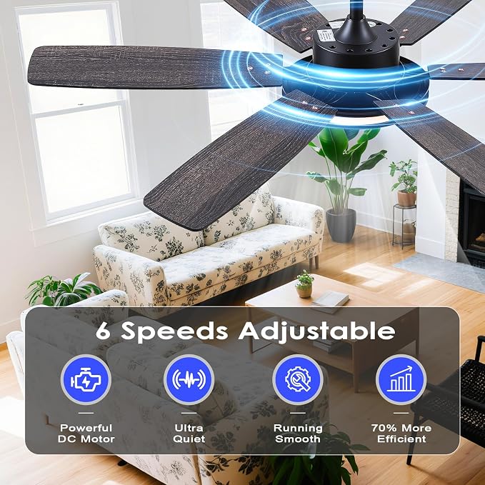Hounber 52 Inch Ceiling Fans with Lights and Remote, Black Ceiling Fan with 6 Blades Dual Finish, 3CCT, Dimmable, Quiet DC Reversible Motor, Ceiling Fan Modern for Bedroom, Patio, Living Room