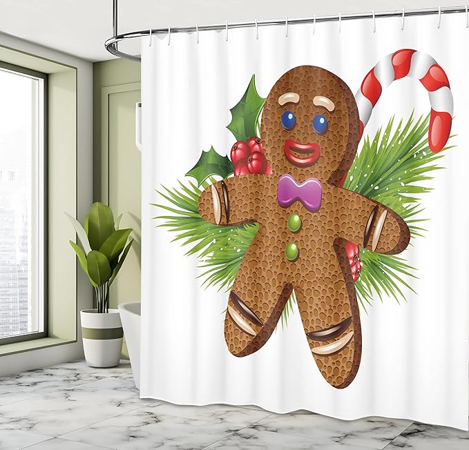 Ambesonne Gingerbread Man Shower Curtain, Tasty Pastry on Coniferous Branches Candy Cane and Holly Berry, Cloth Fabric Bathroom Decor Set with Hooks, 69" W x 84" L, Brown Green