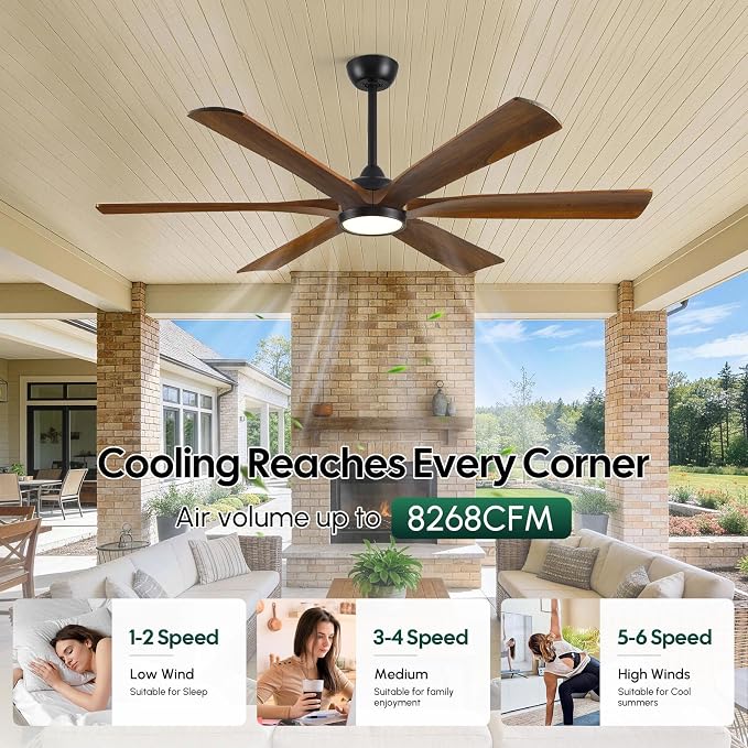 60 Inch Ceiling Fan with Light and Remote, Rustic Farmhouse Style, 6 Brown Solid Wood Blades, ETL Listed Quiet DC Motor, High 8268 CFM, for Indoor Living Room, Damp Rated for Covered Outdoor Patio