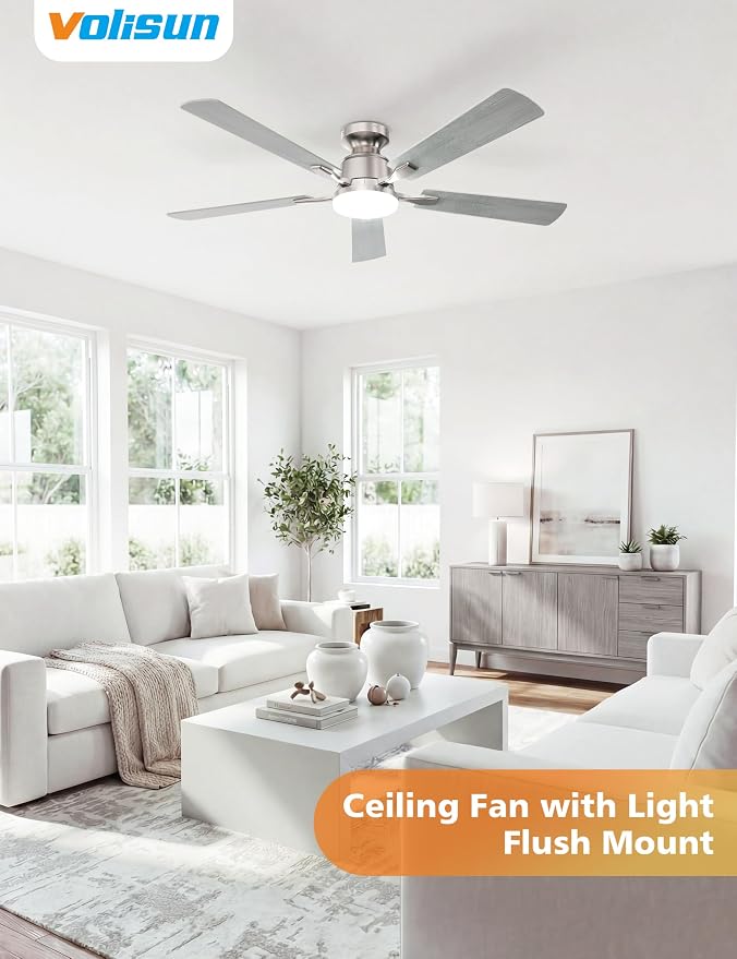 VOLISUN 52 Inch Ceiling Fan with Lights Flush Mount, Low Profile Ceiling Fans with Lights, Remote&APP Control,Dimmable 22W LED Light,Queit&Reversible Fan, Ceilings Fans for Bedroom, Living Room,Nickel
