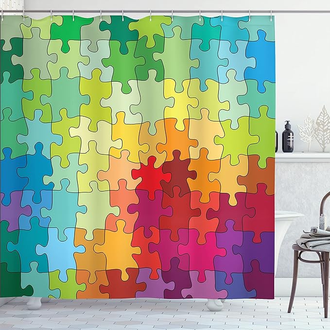 Ambesonne Abstract Shower Curtain, Colorful Game Pieces Fractal Hobby Activity Leisure Cartoon Image, Cloth Fabric Bathroom Decor Set with Hooks, 69" W x 84" L, Multicolor Mustard Burgundy