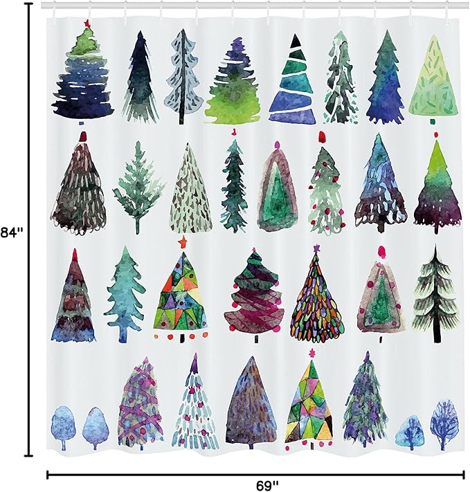Ambesonne Christmas Shower Curtain, Watercolor Christmas Theme Fir Trees Artistic Abstract Silhouettes Illustration, Cloth Fabric Bathroom Decor Set with Hooks, 69" W x 84" L, Green Purple