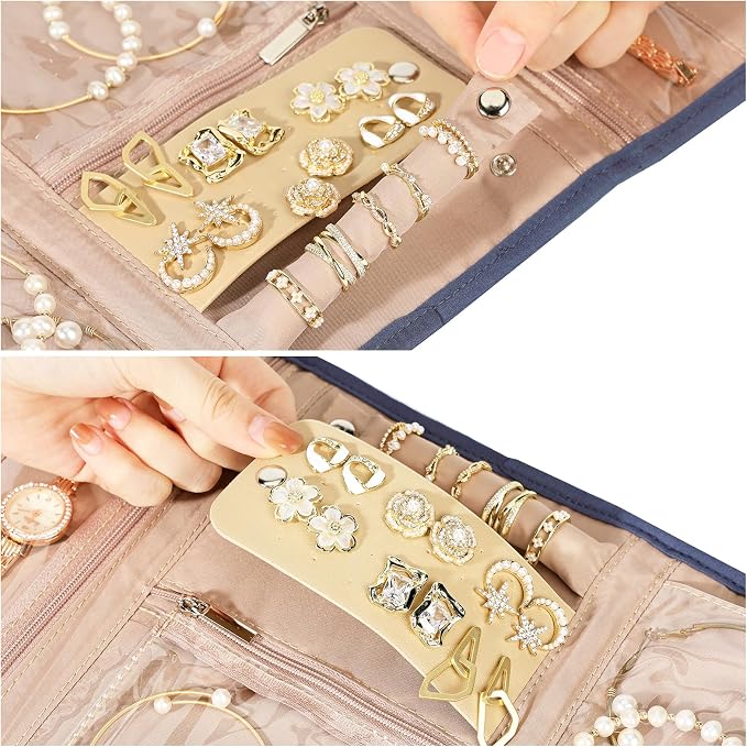 BELALIFE Travel Jewelry Case, Jewelry Organizer Roll for Accessories | Bag with foldable roll design for earrings, necklaces, rings, bracelets and brooches, Blue-Gray