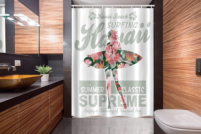 Ambesonne Hawaiian Stall Shower Curtain, Tropical Hawaii Hibiscus Surfing Girl Silhouette Surfboard Retro Themed Artprint, Fabric Bathroom Decor Set with Hooks, 54" W x 78" L, Fuchsia Green