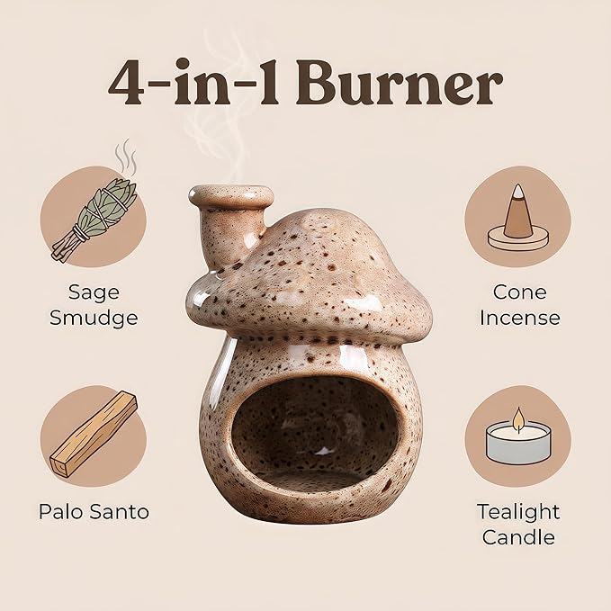 Mushroom Incense Holder, Ceramic Palo Santo Holder – Suitable for Burning Sage & Palo Santo - Mini Chimenea-Style Burner, an Incense Burner for Spiritual Meditation, Yoga or Home Decoration