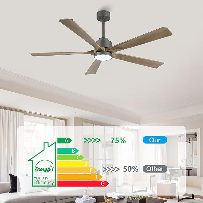 ELEHINSER 52" Modern Ceiling Fan with Light and Remote Control, 5 Solid Wood Blades 6-Speed Noiseless Reversible DC Motor, Ceiling Fan for Kitchen Dinning Living Room, Charcoal Finish with Wood Blades